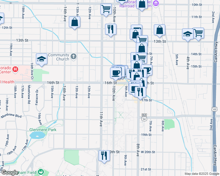 map of restaurants, bars, coffee shops, grocery stores, and more near 1617- 5 10th Avenue in Greeley