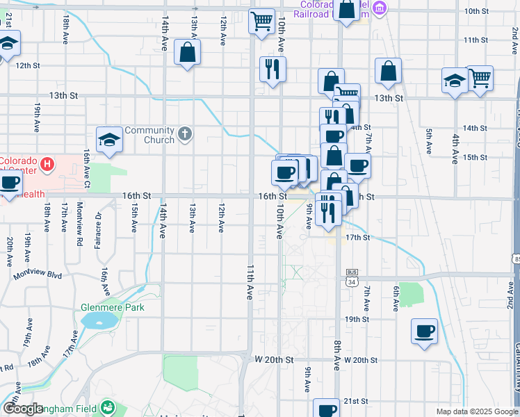 map of restaurants, bars, coffee shops, grocery stores, and more near 1617- 5 10th Avenue in Greeley