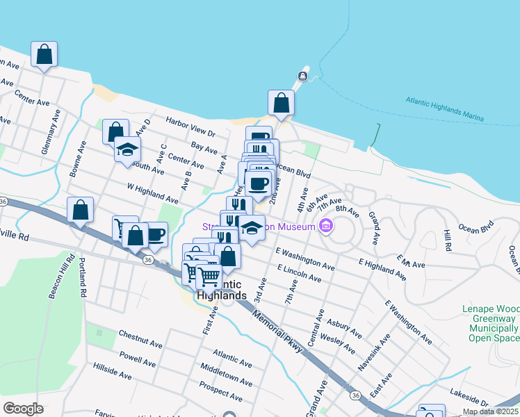 map of restaurants, bars, coffee shops, grocery stores, and more near 94 First Avenue in Atlantic Highlands