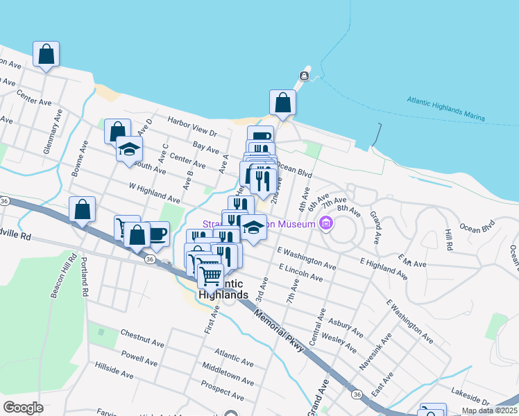 map of restaurants, bars, coffee shops, grocery stores, and more near in Atlantic Highlands