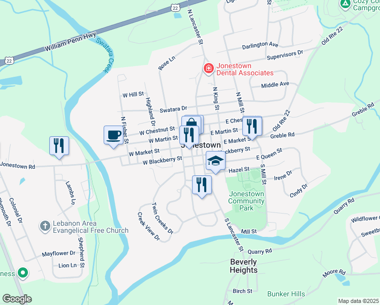 map of restaurants, bars, coffee shops, grocery stores, and more near in Jonestown