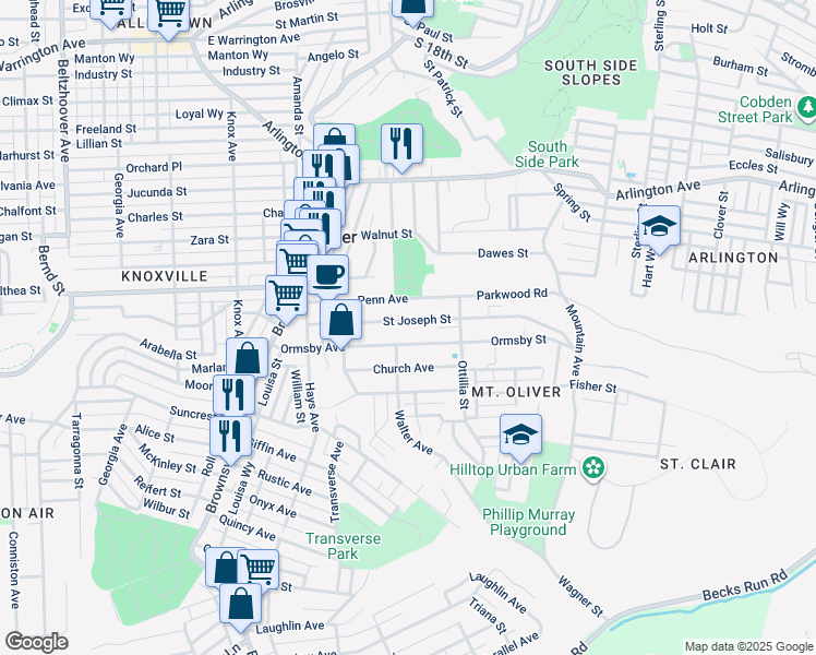 map of restaurants, bars, coffee shops, grocery stores, and more near 158 Ormsby Avenue in Pittsburgh