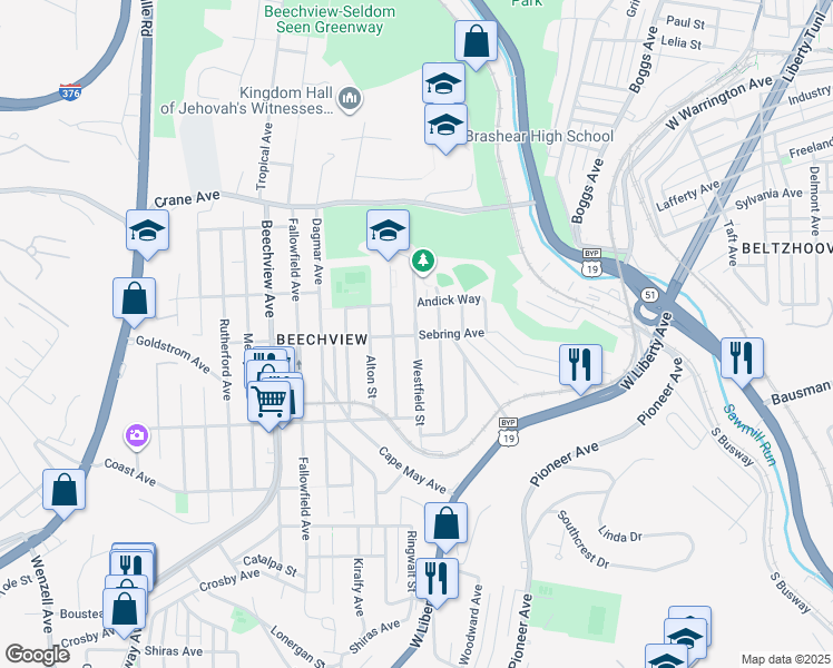 map of restaurants, bars, coffee shops, grocery stores, and more near 1403 Westfield Street in Pittsburgh