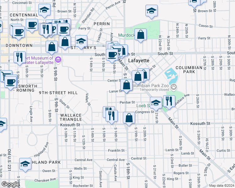 map of restaurants, bars, coffee shops, grocery stores, and more near 408 South 16th Street in Lafayette