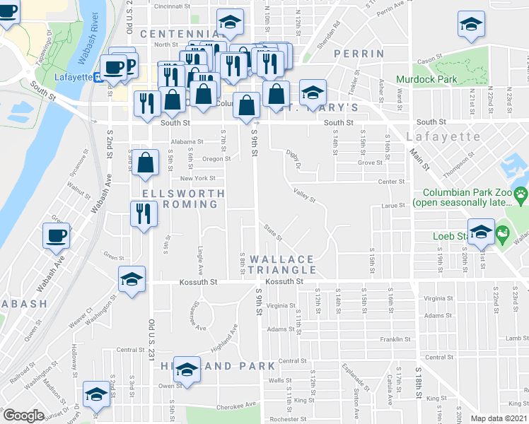 map of restaurants, bars, coffee shops, grocery stores, and more near 904 State Street in Lafayette