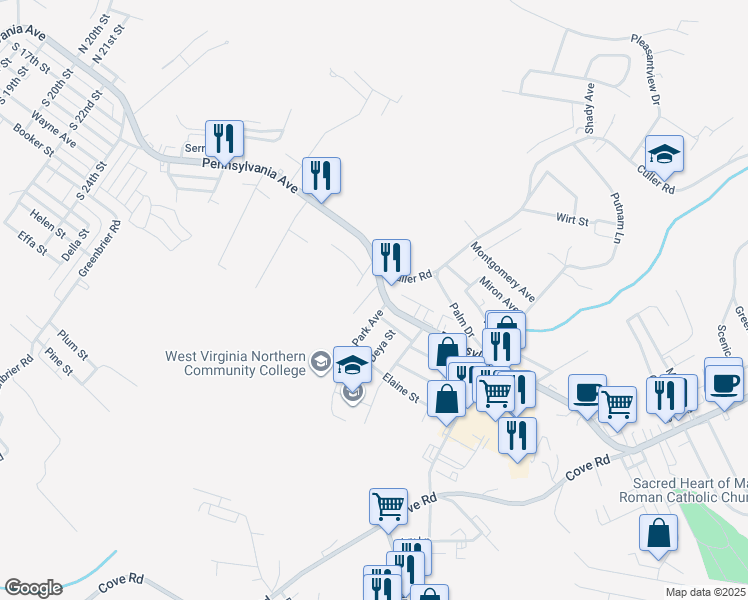 map of restaurants, bars, coffee shops, grocery stores, and more near 2950 Pennsylvania Avenue in Weirton