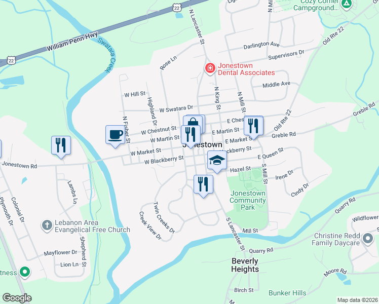 map of restaurants, bars, coffee shops, grocery stores, and more near in Jonestown