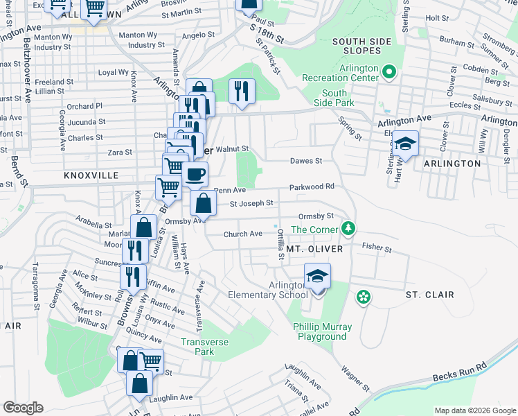 map of restaurants, bars, coffee shops, grocery stores, and more near 192 Ormsby Avenue in Pittsburgh