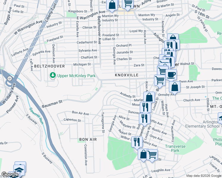 map of restaurants, bars, coffee shops, grocery stores, and more near 403 Arabella Street in Pittsburgh