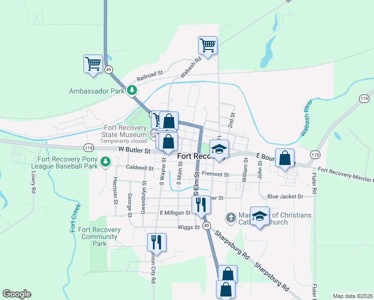 map of restaurants, bars, coffee shops, grocery stores, and more near in Fort Recovery