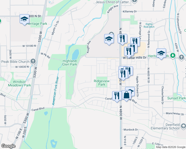 map of restaurants, bars, coffee shops, grocery stores, and more near 9978 North Little Leaf Lane in Highland