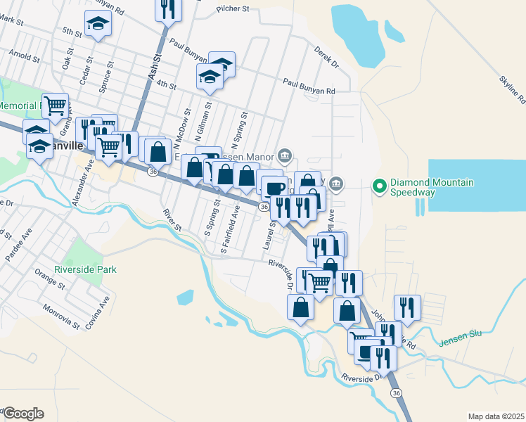 map of restaurants, bars, coffee shops, grocery stores, and more near 2410 Main Street in Susanville