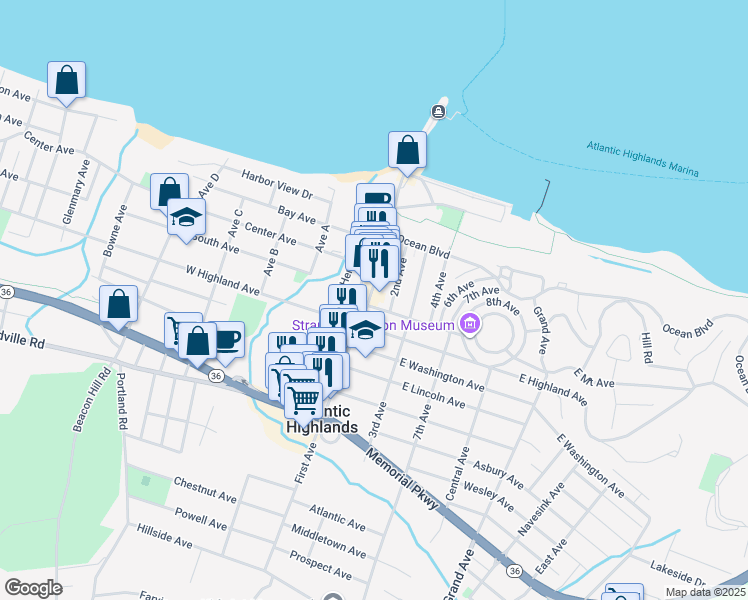 map of restaurants, bars, coffee shops, grocery stores, and more near in Atlantic Highlands