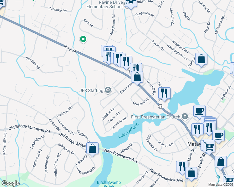 map of restaurants, bars, coffee shops, grocery stores, and more near 34 Fierro Avenue in Matawan