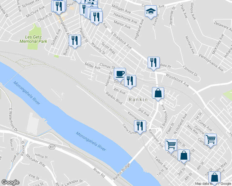 map of restaurants, bars, coffee shops, grocery stores, and more near 7 3rd Avenue in Rankin