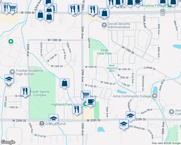 map of restaurants, bars, coffee shops, grocery stores, and more near 5811 West 16th Street Lane in Greeley