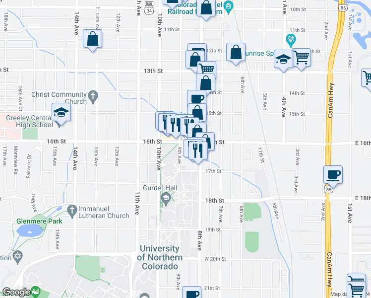 map of restaurants, bars, coffee shops, grocery stores, and more near 1620 9th Avenue in Greeley