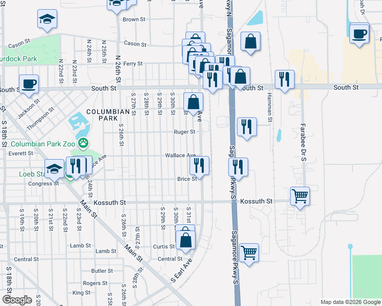 map of restaurants, bars, coffee shops, grocery stores, and more near 500 South 31st Street in Lafayette