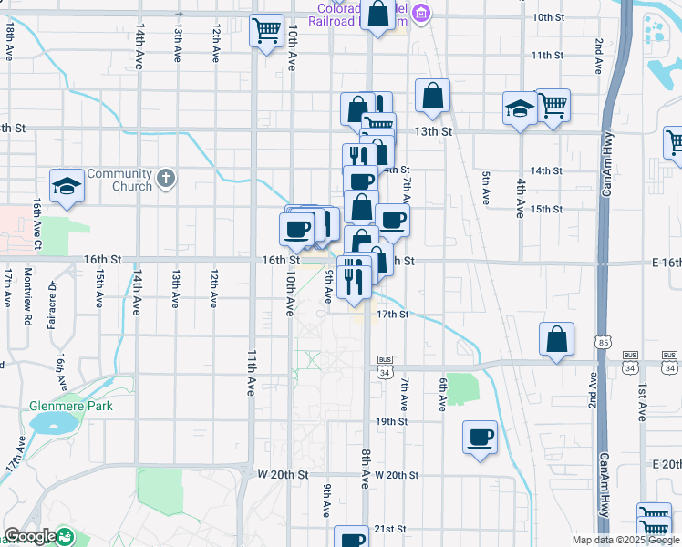 map of restaurants, bars, coffee shops, grocery stores, and more near 1624 9th Avenue in Greeley