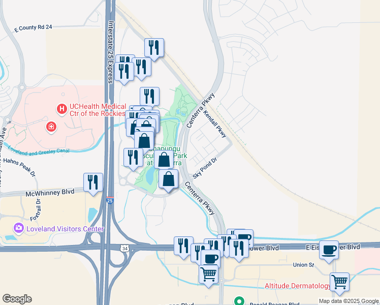 map of restaurants, bars, coffee shops, grocery stores, and more near 2025 Hopper Lane in Loveland