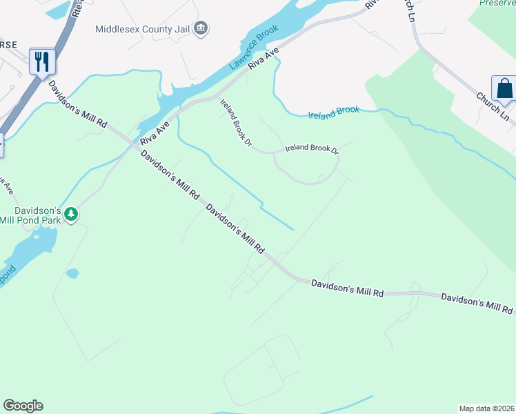 map of restaurants, bars, coffee shops, grocery stores, and more near 91 Davidson's Mill Road in North Brunswick Township