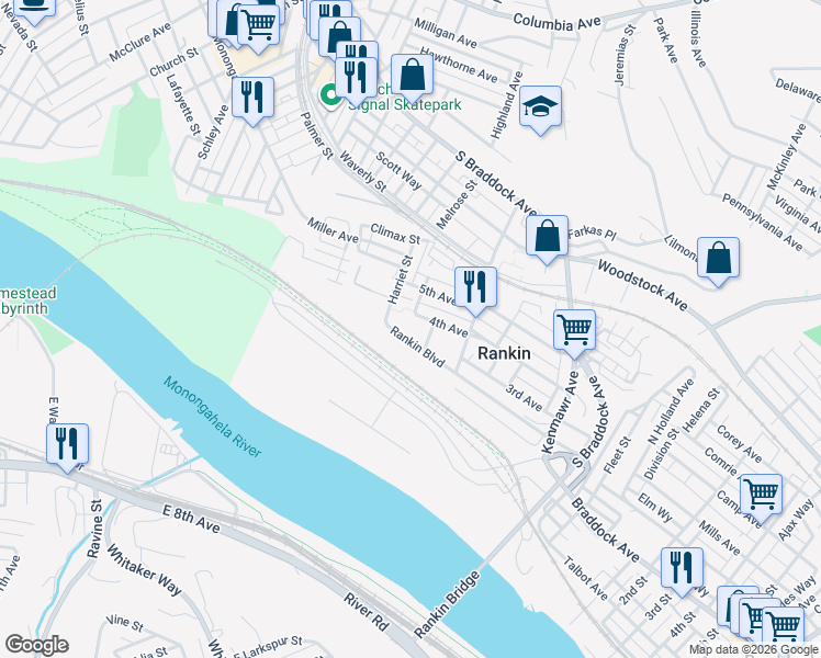 map of restaurants, bars, coffee shops, grocery stores, and more near 7 3rd Avenue in Rankin