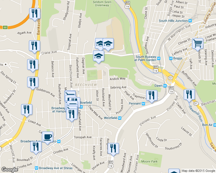 map of restaurants, bars, coffee shops, grocery stores, and more near 1403 Westfield Street in Pittsburgh