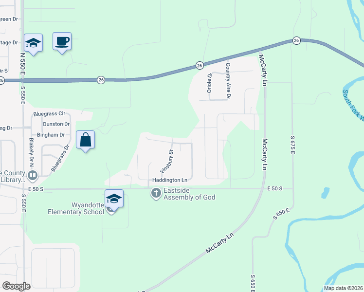 map of restaurants, bars, coffee shops, grocery stores, and more near Finsbury Street in Lafayette