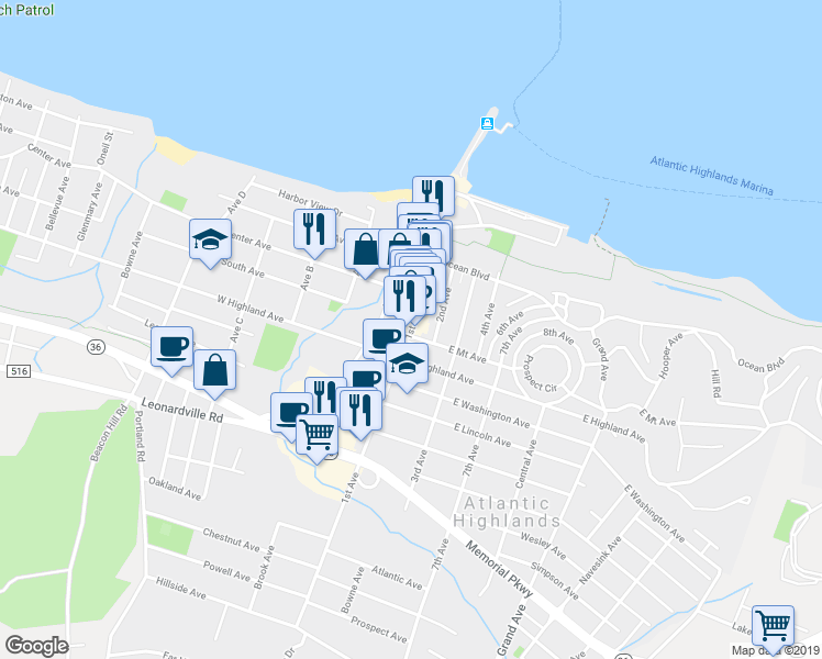 map of restaurants, bars, coffee shops, grocery stores, and more near 95 1st Avenue in Atlantic Highlands