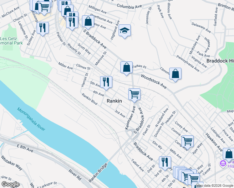 map of restaurants, bars, coffee shops, grocery stores, and more near in Rankin