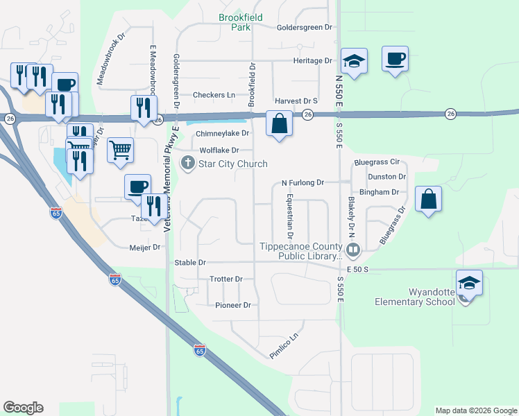 map of restaurants, bars, coffee shops, grocery stores, and more near 203 South Brookfield Drive in Lafayette