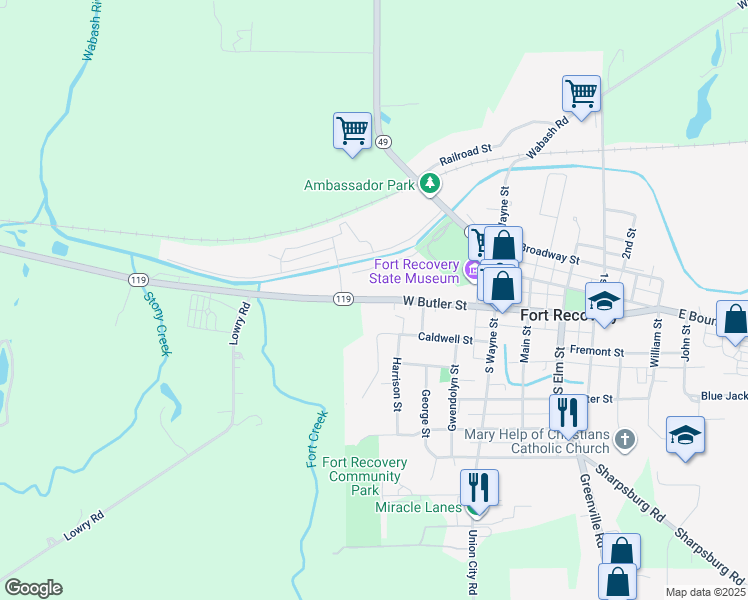 map of restaurants, bars, coffee shops, grocery stores, and more near 400 West Butler Street in Fort Recovery
