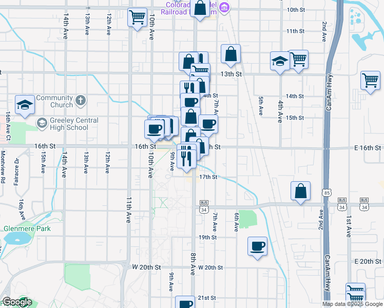 map of restaurants, bars, coffee shops, grocery stores, and more near 1605 U.S. 85 Business in Greeley