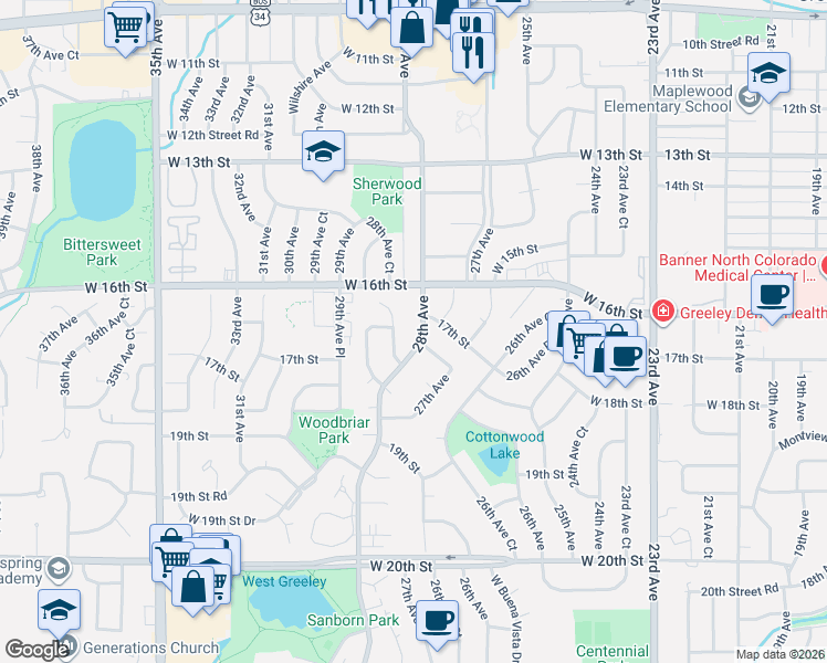 map of restaurants, bars, coffee shops, grocery stores, and more near 1722 29th Avenue in Greeley