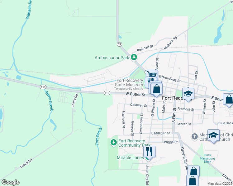 map of restaurants, bars, coffee shops, grocery stores, and more near 400 West Butler Street in Fort Recovery