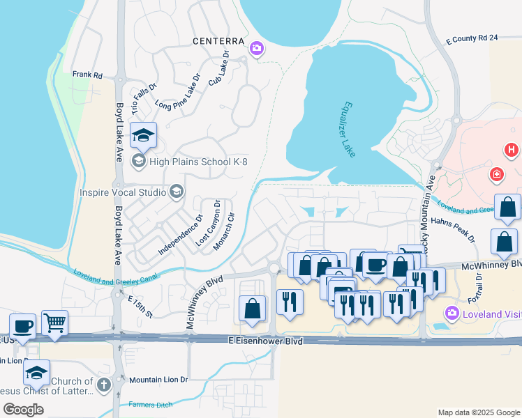 map of restaurants, bars, coffee shops, grocery stores, and more near 2123 Grays Peak Drive in Loveland