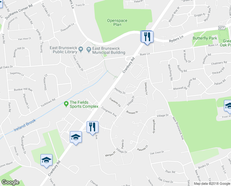 map of restaurants, bars, coffee shops, grocery stores, and more near 1 Cranbury Circle in East Brunswick