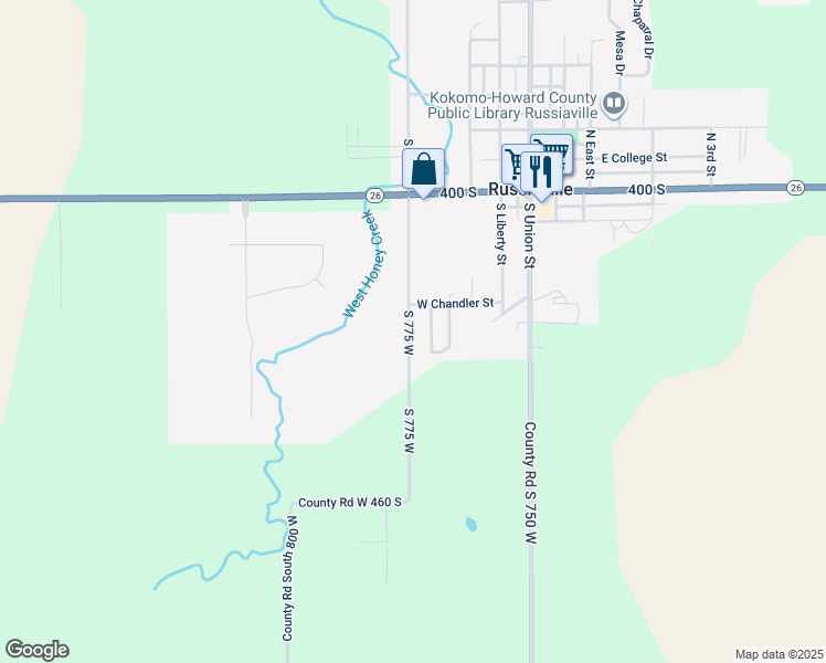 map of restaurants, bars, coffee shops, grocery stores, and more near 350 South West Street in Russiaville