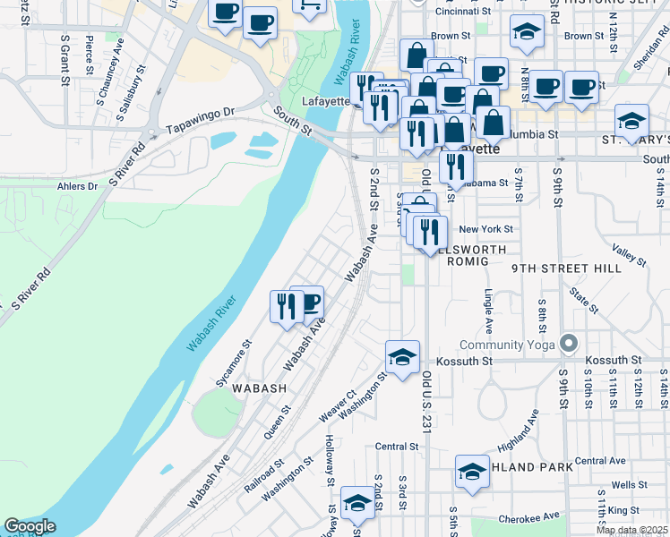 map of restaurants, bars, coffee shops, grocery stores, and more near 509 South 1st Street in Lafayette
