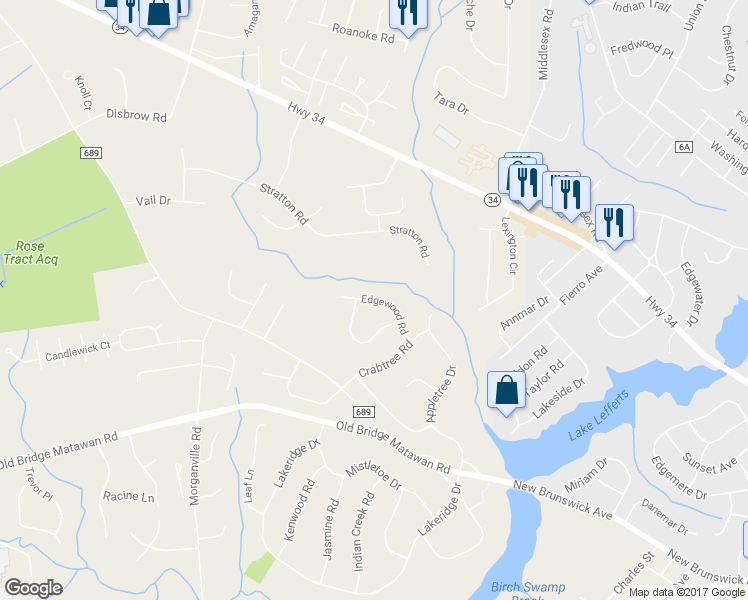 map of restaurants, bars, coffee shops, grocery stores, and more near 16 Edgewood Road in Matawan