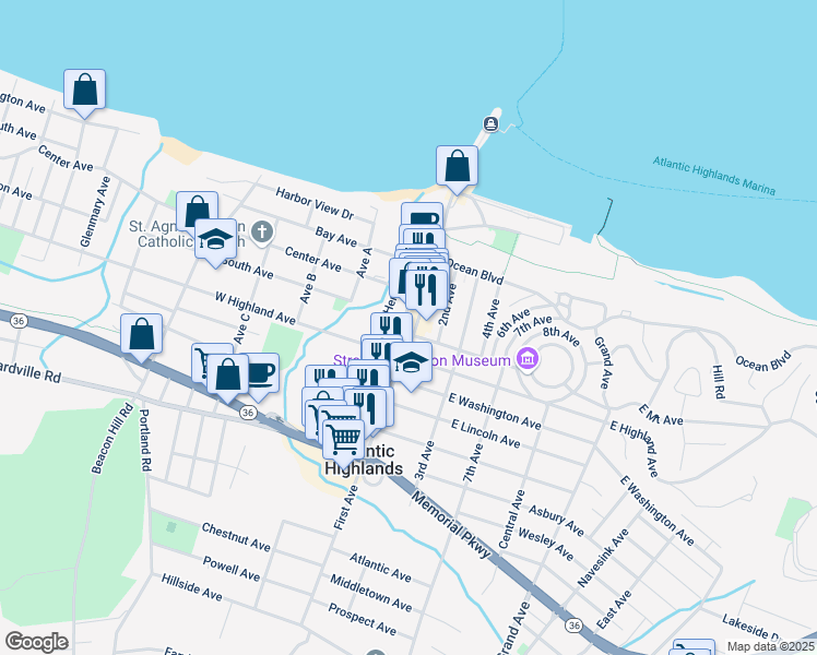 map of restaurants, bars, coffee shops, grocery stores, and more near in Atlantic Highlands