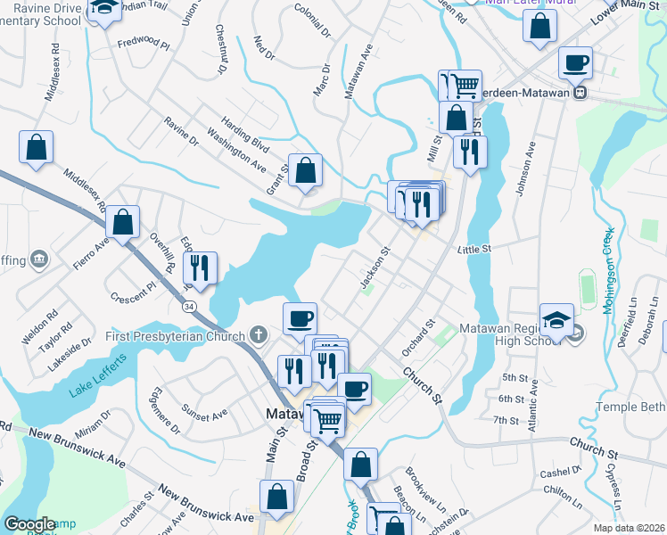 map of restaurants, bars, coffee shops, grocery stores, and more near 55 Wyckoff Street in Matawan