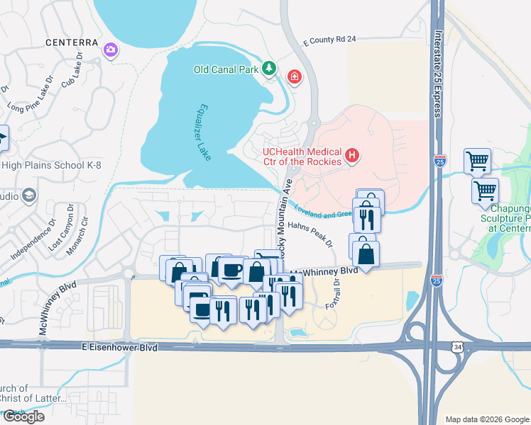 map of restaurants, bars, coffee shops, grocery stores, and more near 5205 Hahns Peak Drive in Loveland