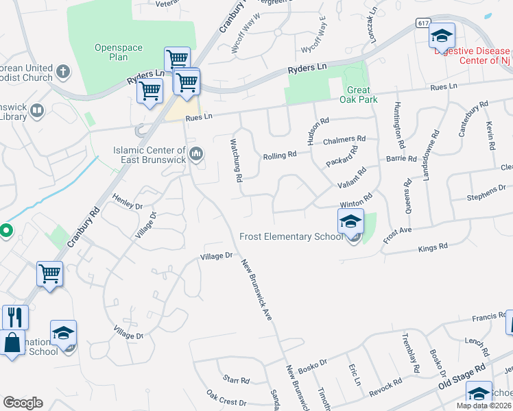 map of restaurants, bars, coffee shops, grocery stores, and more near 3 Stearns Road in East Brunswick