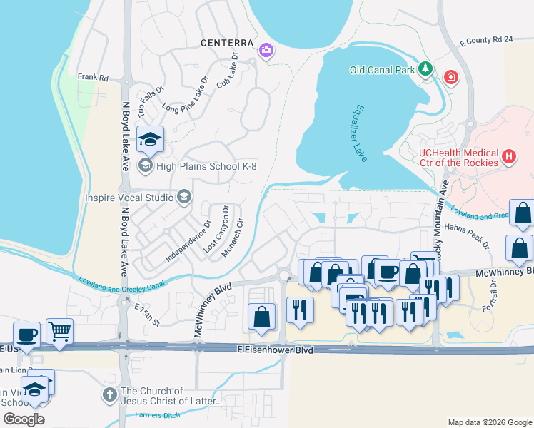 map of restaurants, bars, coffee shops, grocery stores, and more near 2115 Grays Peak Drive in Loveland