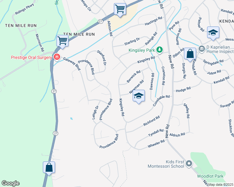 map of restaurants, bars, coffee shops, grocery stores, and more near 63 Kingsley Road in South Brunswick Township