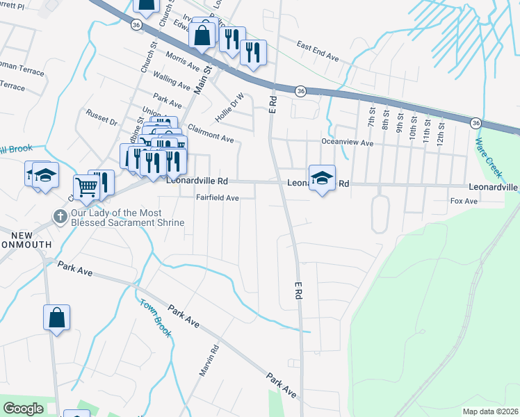map of restaurants, bars, coffee shops, grocery stores, and more near 579 Hopping Road in Belford