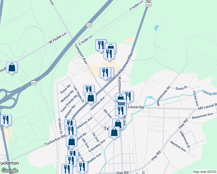 map of restaurants, bars, coffee shops, grocery stores, and more near 5205 Leesport Avenue in Temple