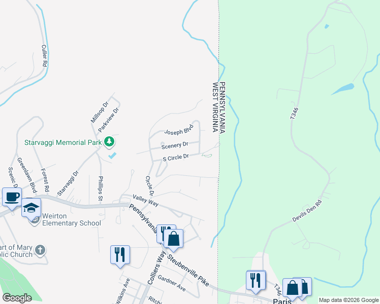 map of restaurants, bars, coffee shops, grocery stores, and more near 256 South Circle Drive in Weirton