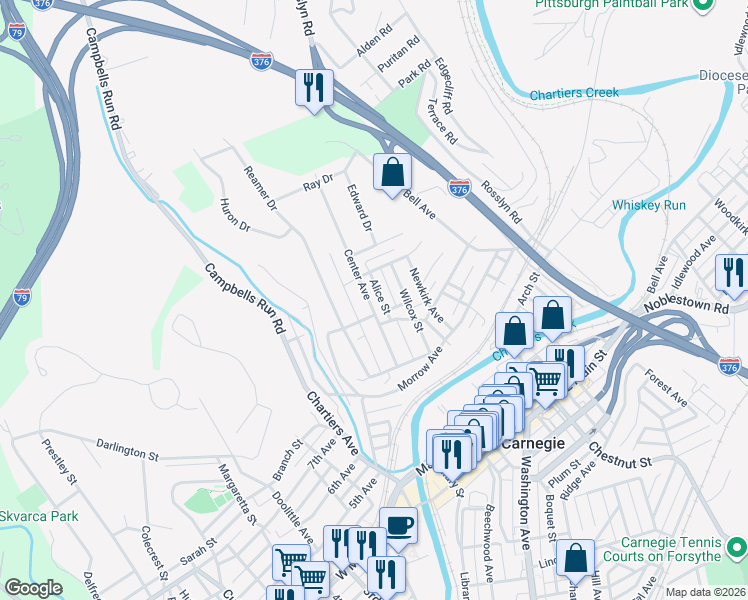 map of restaurants, bars, coffee shops, grocery stores, and more near 313 Grant Avenue in Carnegie